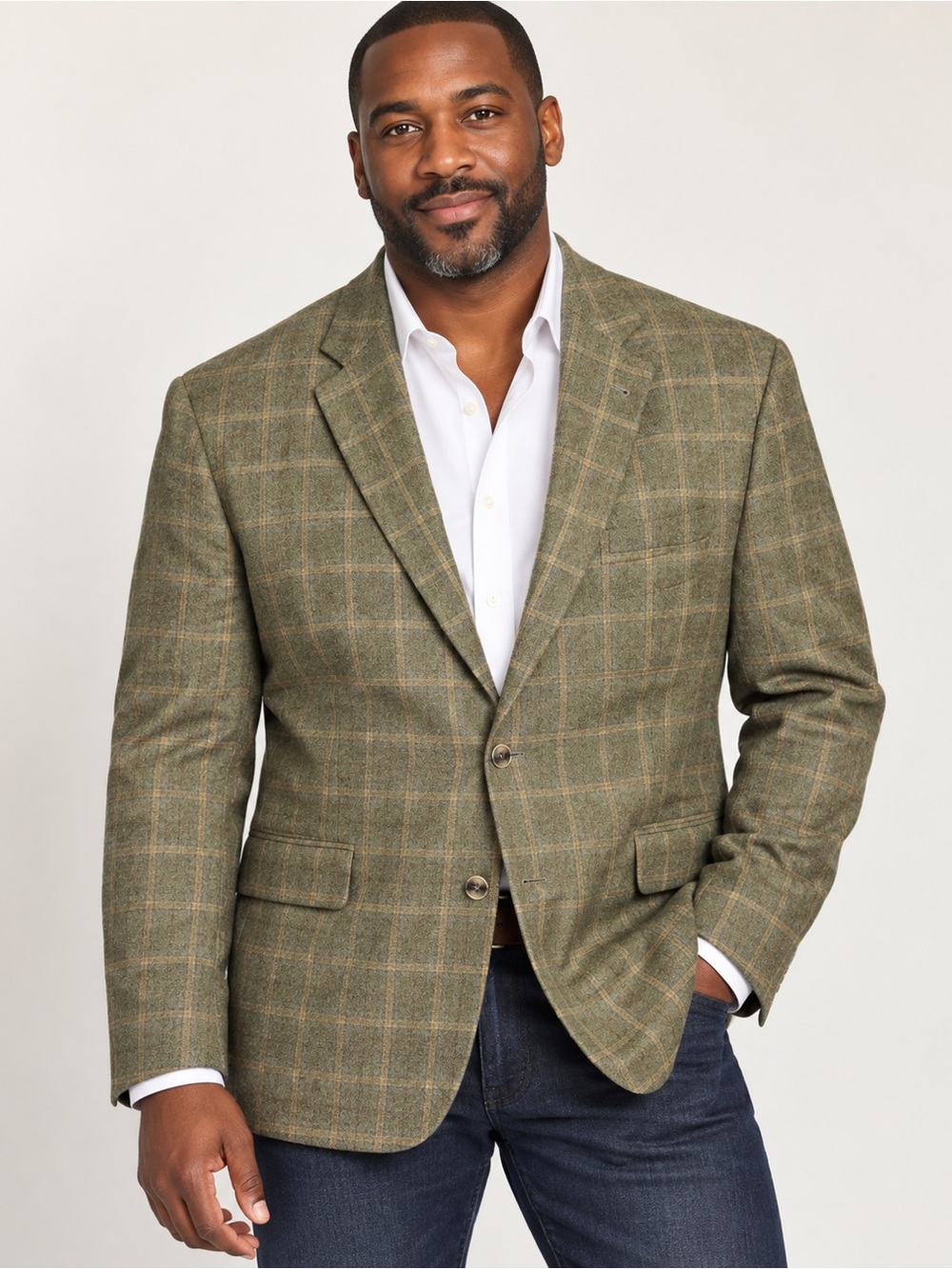 Marc Shale Titus SC Wool Cashmere sport coat blazer 44R olive windowpane
